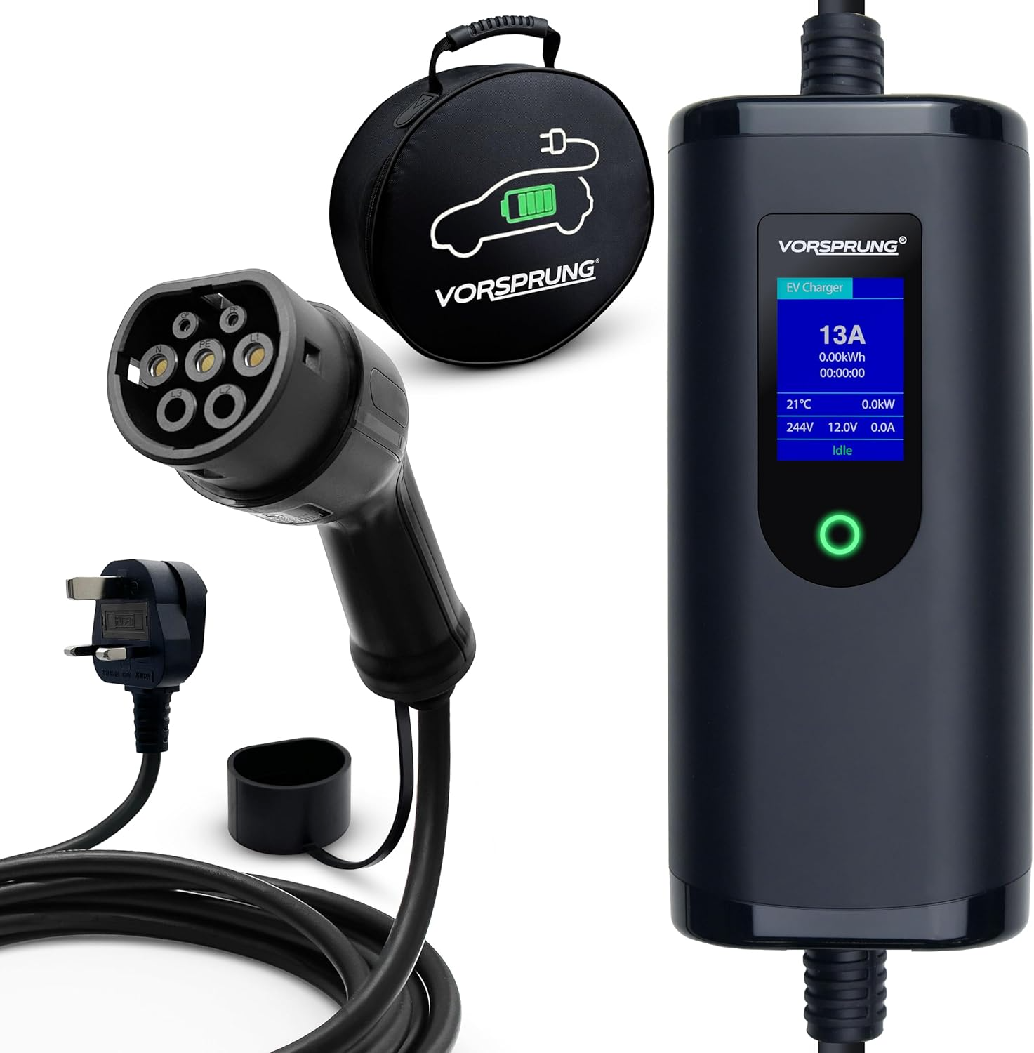 VORSPRUNG® Portable EV Charger | Type 2, 5m / 8m / 10m Cable, Digital Screen, 6–13A Adjustable