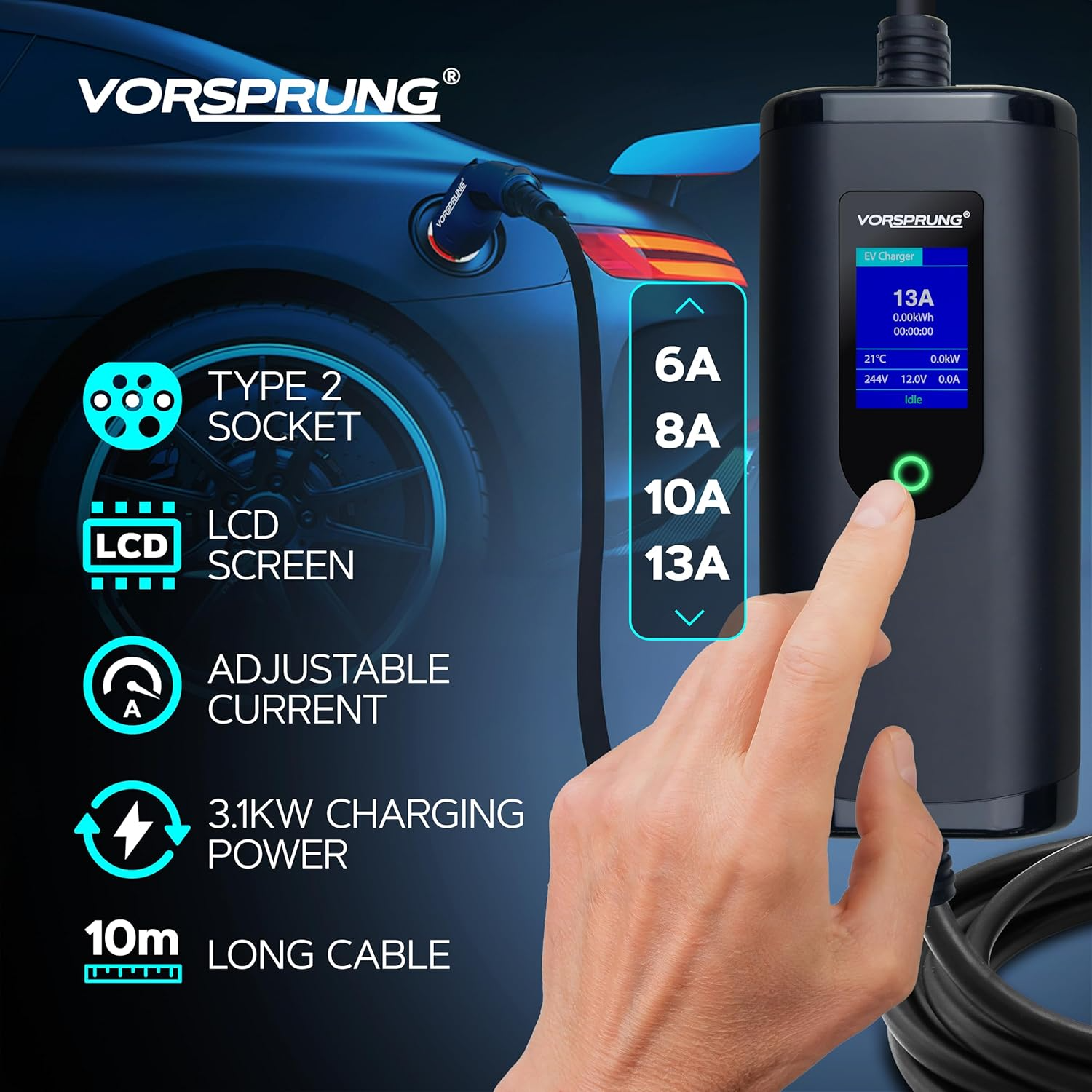 VORSPRUNG® Portable EV Charger | Type 2, 5m / 8m / 10m Cable, Digital Screen, 6–13A Adjustable