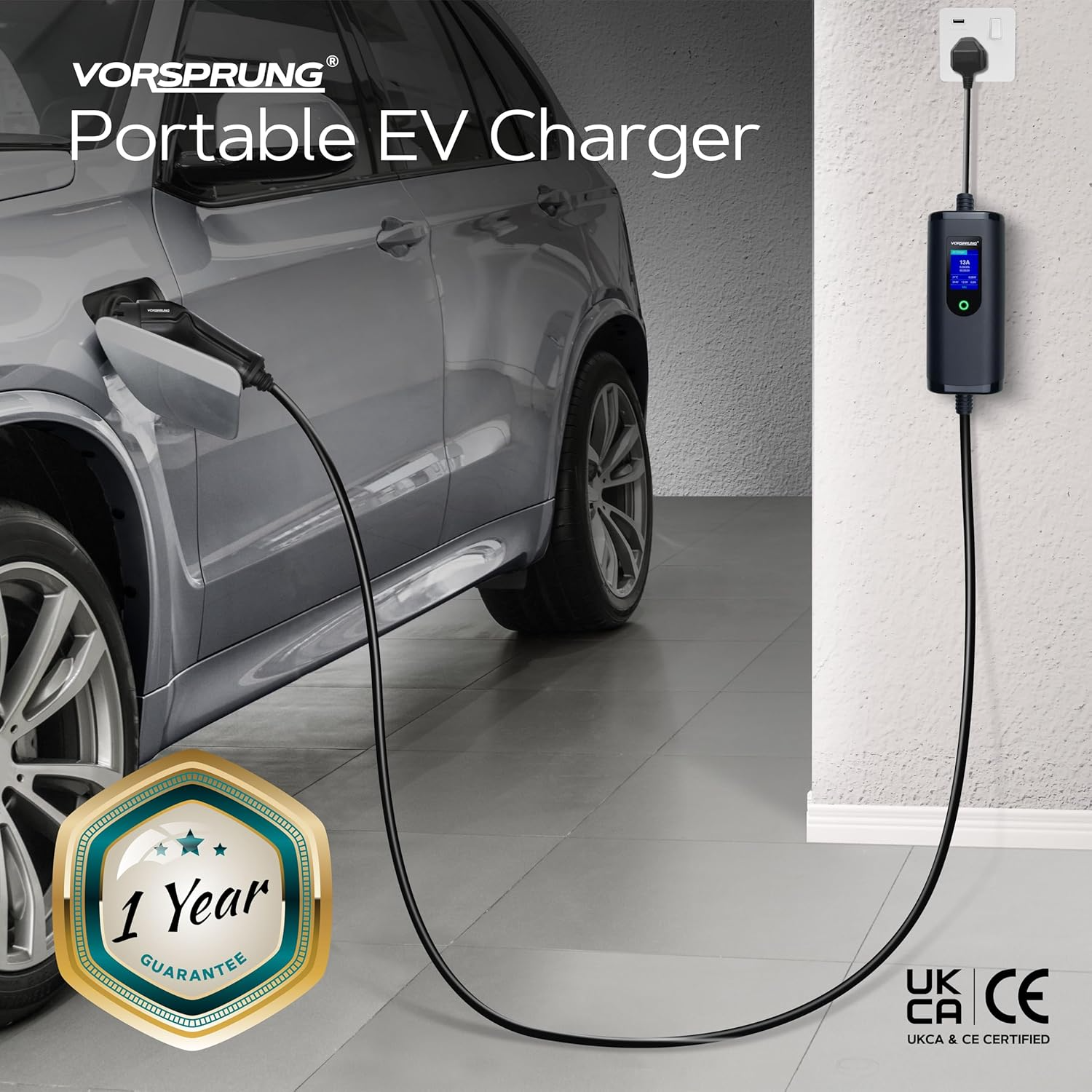 VORSPRUNG® Portable EV Charger | Type 2, 5m / 8m / 10m Cable, Digital Screen, 6–13A Adjustable