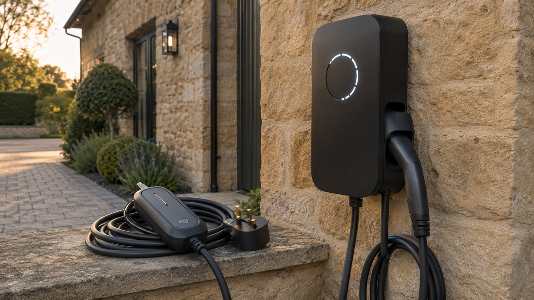 Smart EV wallbox and portable three-pin Type 2 charger outside a UK home