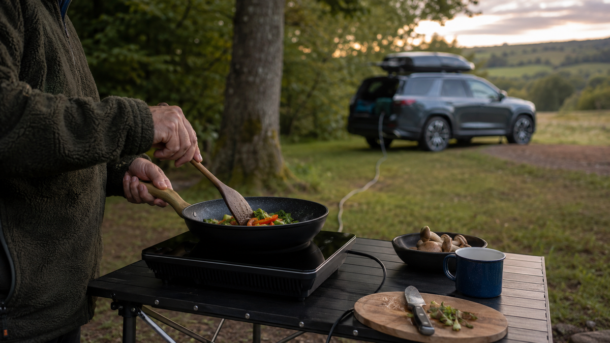 Camper using a Jaecoo’s V2L power to cook on a portable electric hob.