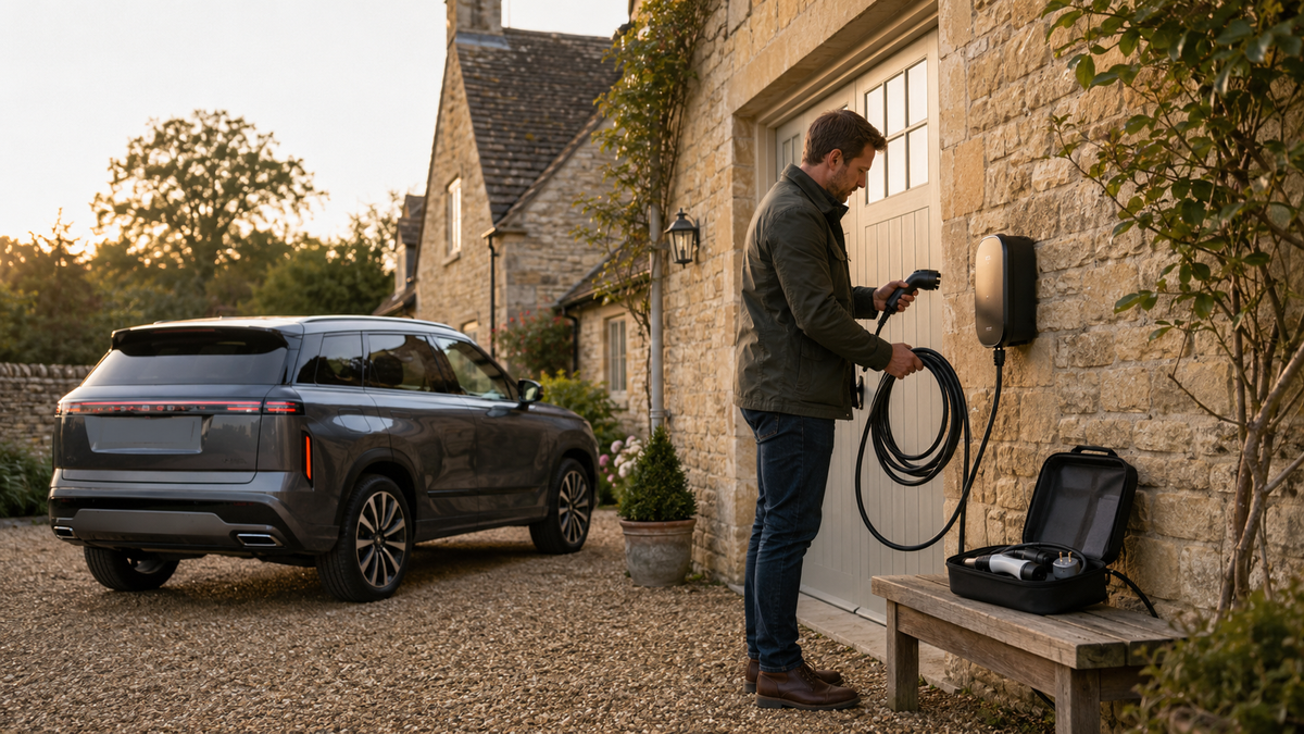 Jaecoo PHEV beside a home wallbox and portable three-pin charging cable.