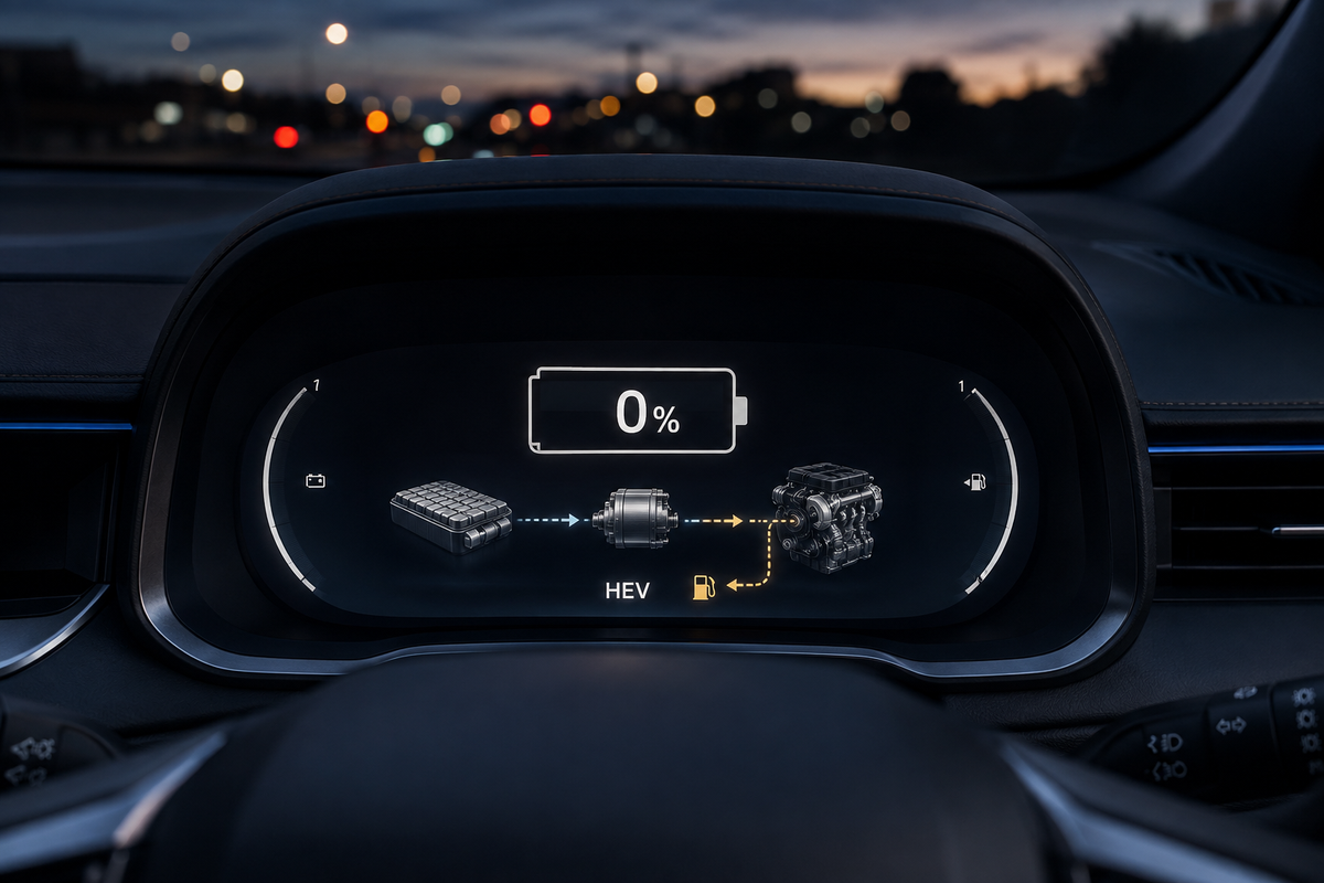 Jaecoo PHEV dashboard showing 0% EV battery and HEV mode