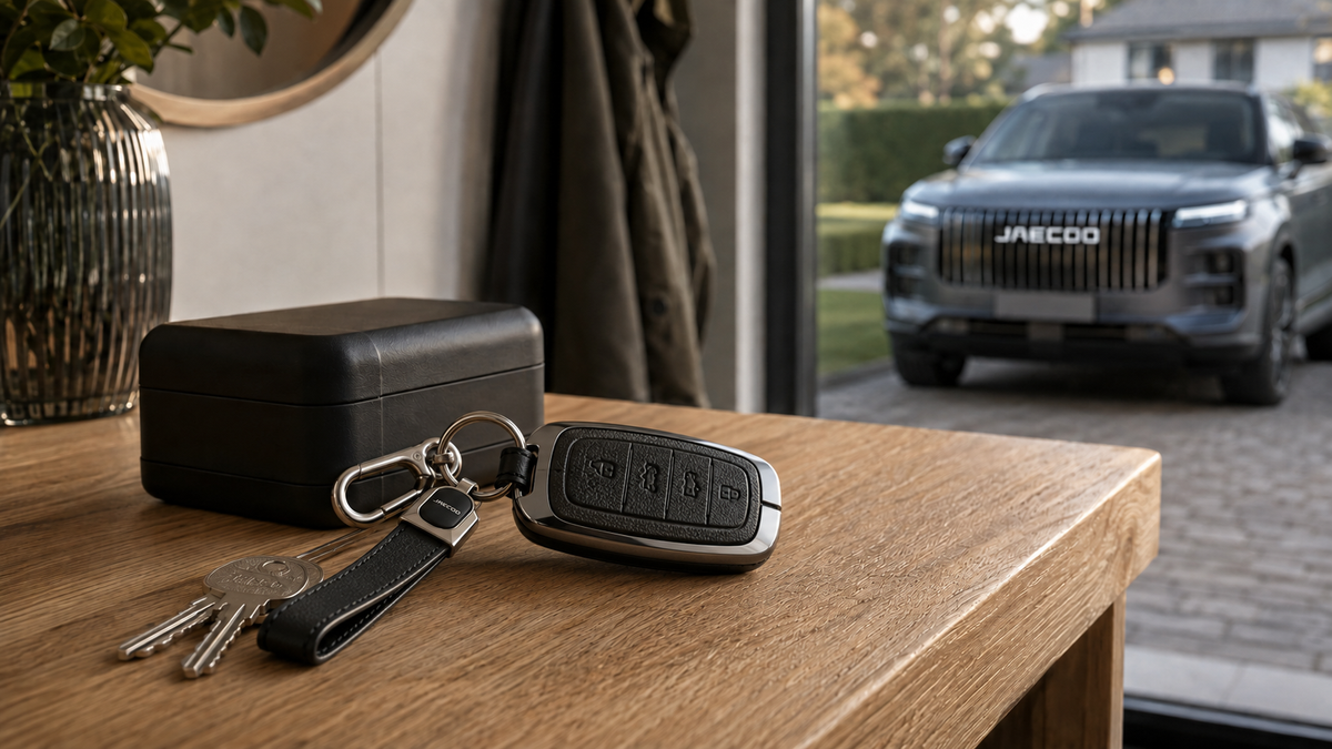 Black-and-silver Jaecoo key cover with house keys beside a Faraday box and a Jaecoo SUV in the background.