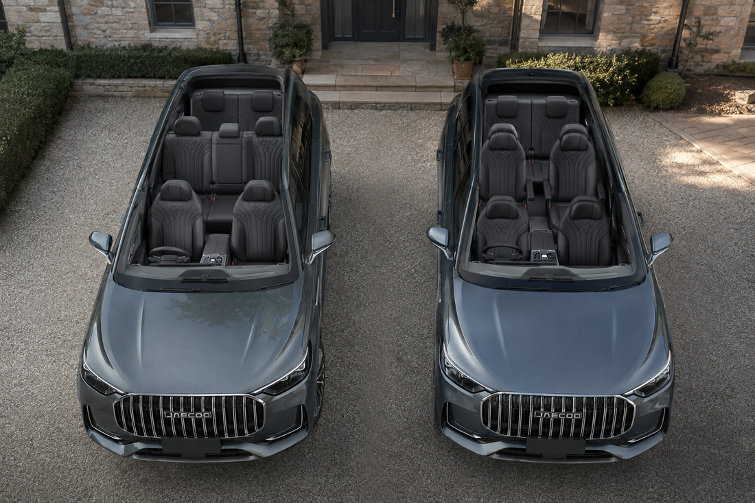 Jaecoo J8 seven-seat and six-seat interior layouts shown side by side.