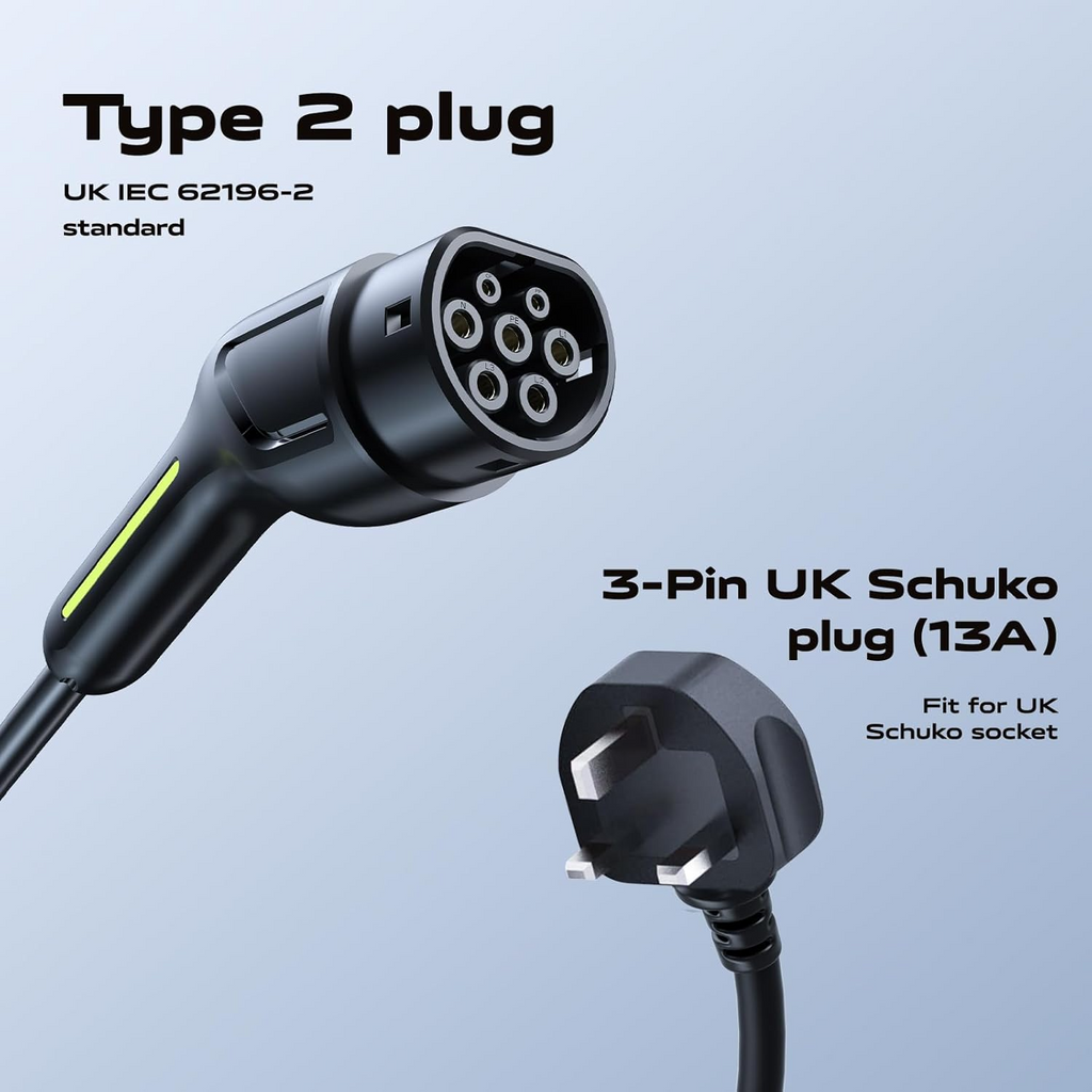 VDLPOWEREU 3kW EV Home Charger | Type 2, 5m Cable, Adjustable 6–13A, IP65 Waterproof