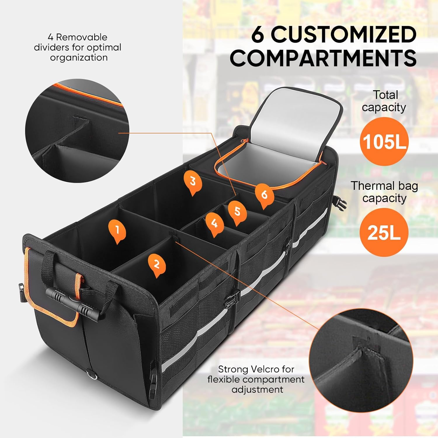 Car Boot Organiser 115L – Foldable Storage Box with Cooler Bag & Compartments