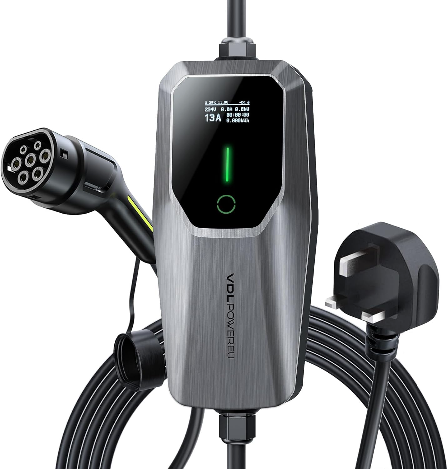 VDLPOWEREU 3kW EV Home Charger | Type 2, 5m Cable, Adjustable 6–13A, IP65 Waterproof