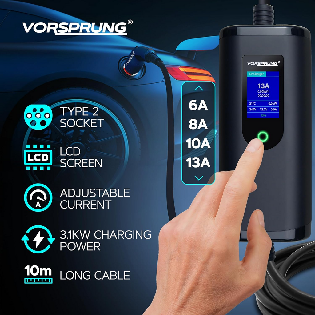 VORSPRUNG® Portable EV Charger | Type 2, 5m / 8m / 10m Cable, Digital Screen, 6–13A Adjustable