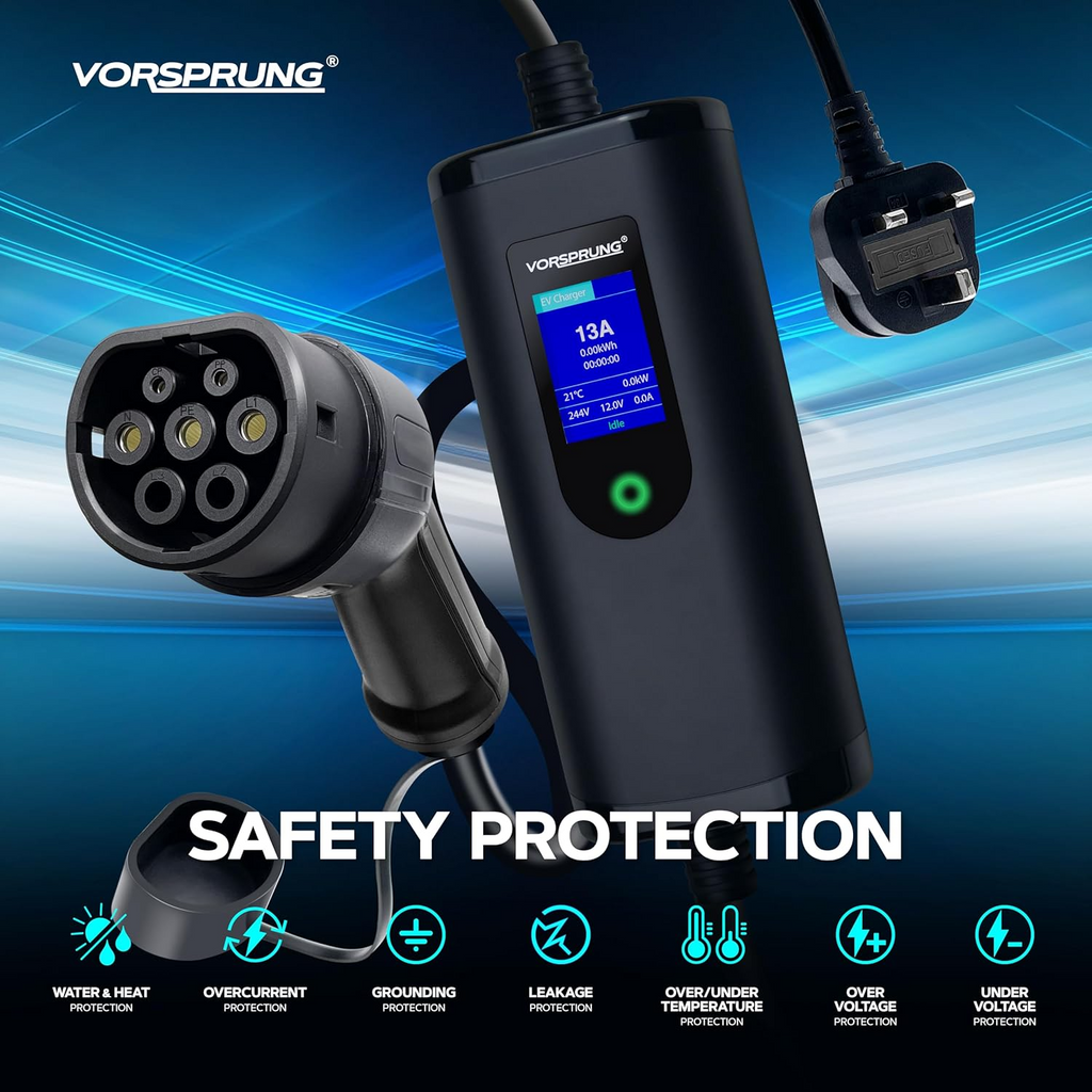 VORSPRUNG® Portable EV Charger | Type 2, 5m / 8m / 10m Cable, Digital Screen, 6–13A Adjustable