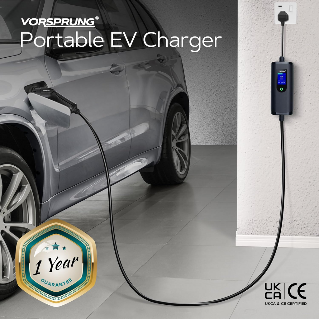 VORSPRUNG® Portable EV Charger | Type 2, 5m / 8m / 10m Cable, Digital Screen, 6–13A Adjustable